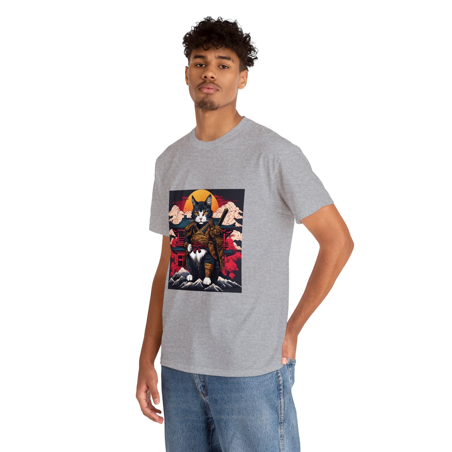 Samurai Cat Cartoon Anime Unisex Heavy Cotton Graphic Tee Kawaii Friends