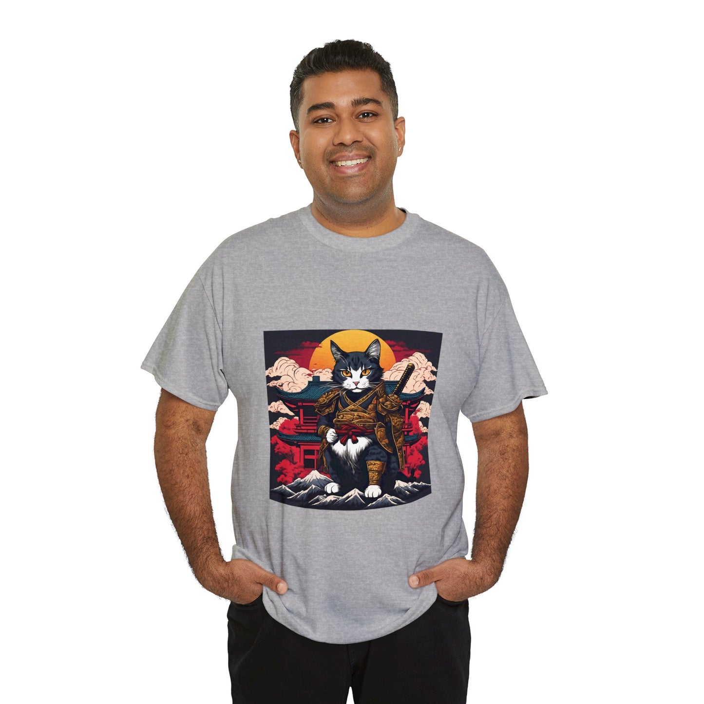 Samurai Cat Cartoon Anime Unisex Heavy Cotton Graphic Tee Kawaii Friends