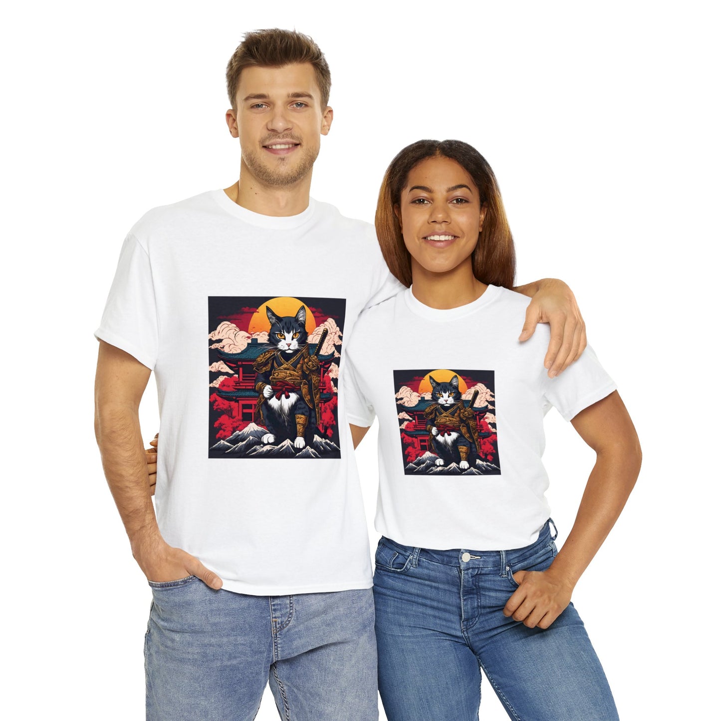 Samurai Cat Cartoon Anime Unisex Heavy Cotton Graphic Tee Kawaii Friends