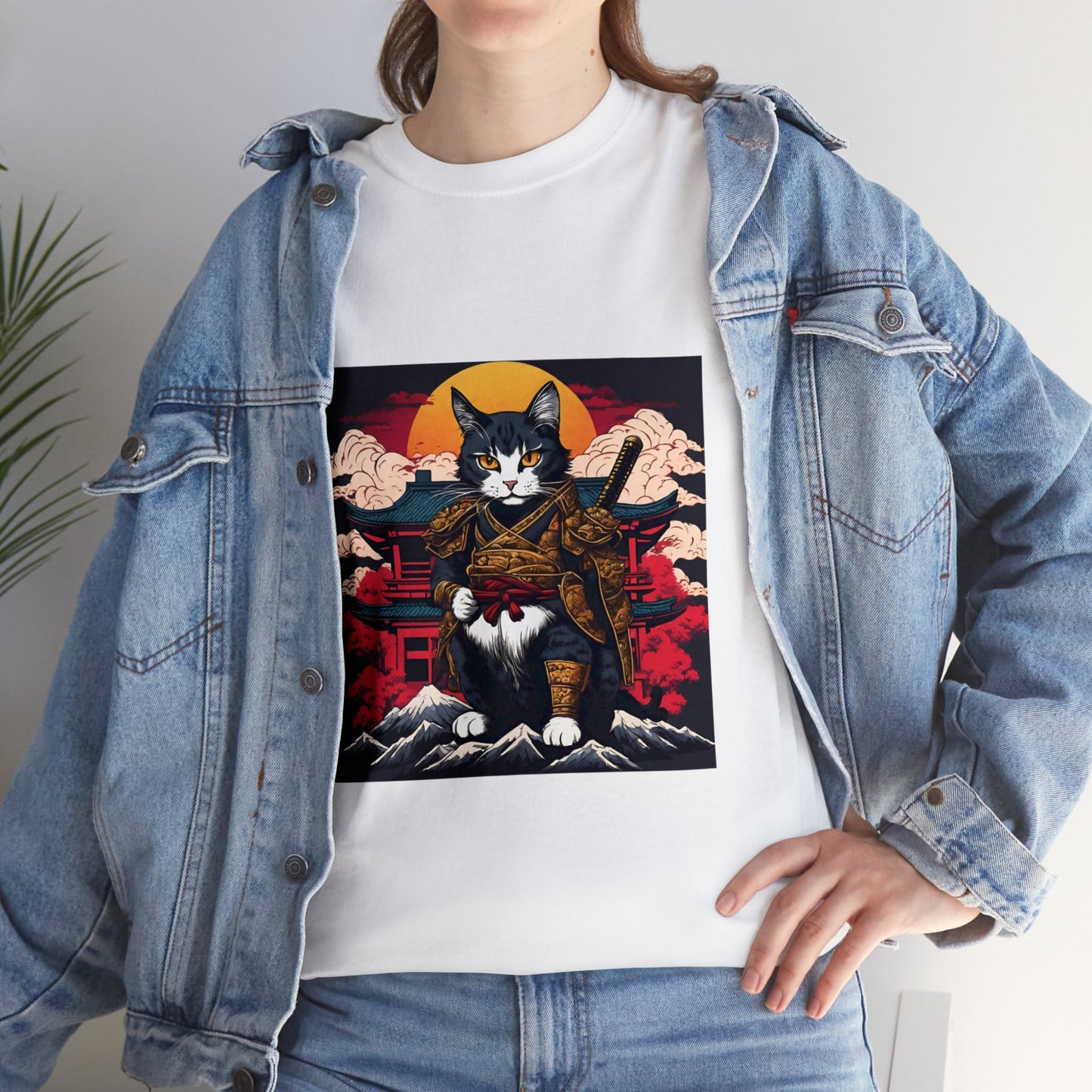 Samurai Cat Cartoon Anime Unisex Heavy Cotton Graphic Tee Kawaii Friends