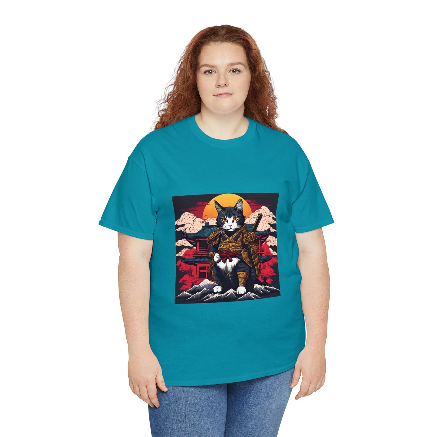 Samurai Cat Cartoon Anime Unisex Heavy Cotton Graphic Tee Kawaii Friends