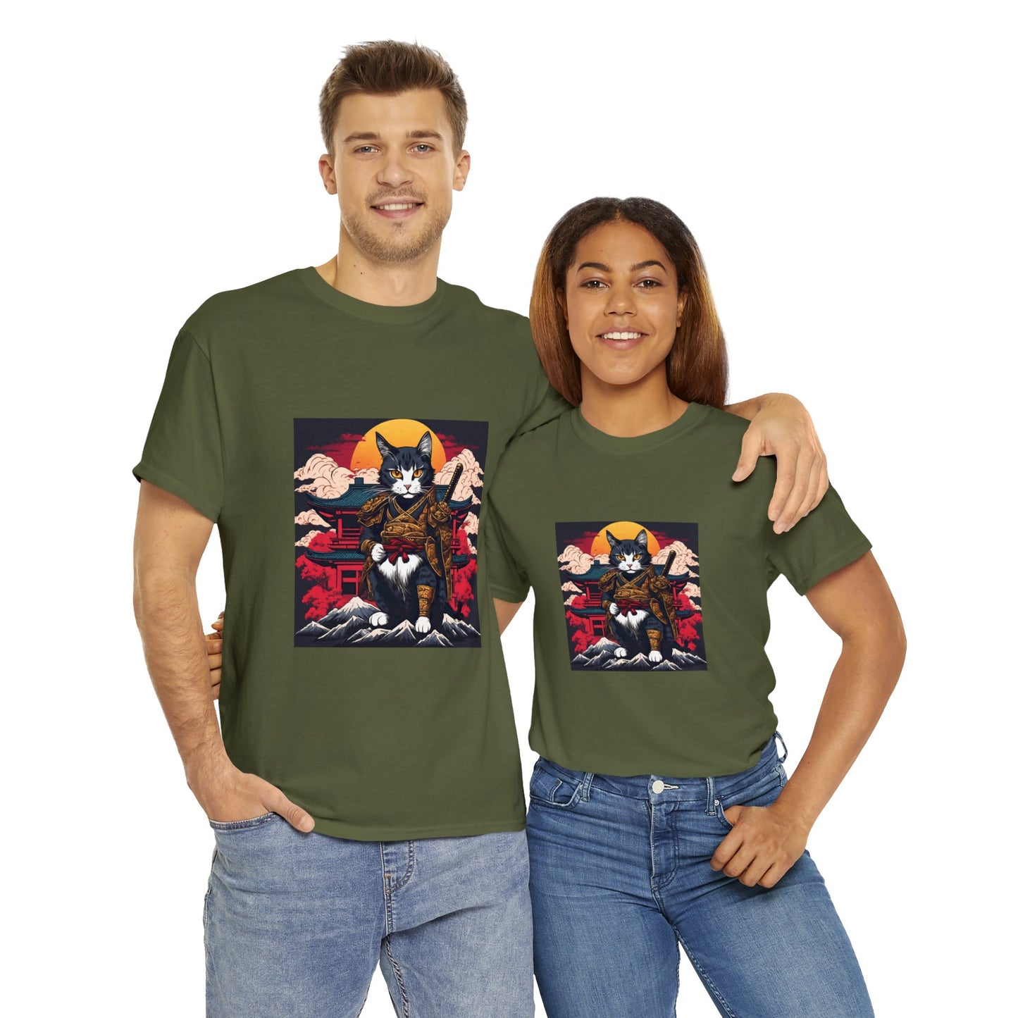 Samurai Cat Cartoon Anime Unisex Heavy Cotton Graphic Tee Kawaii Friends
