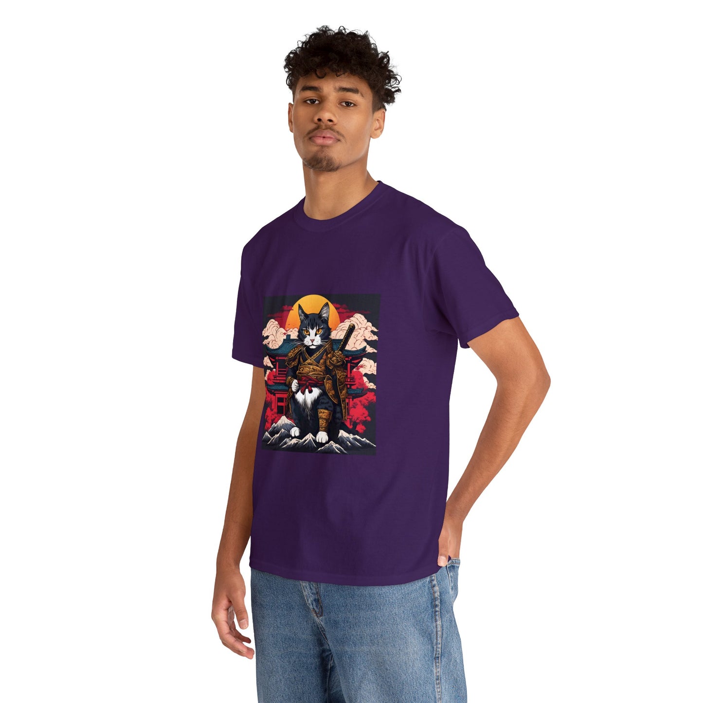 Samurai Cat Cartoon Anime Unisex Heavy Cotton Graphic Tee Kawaii Friends