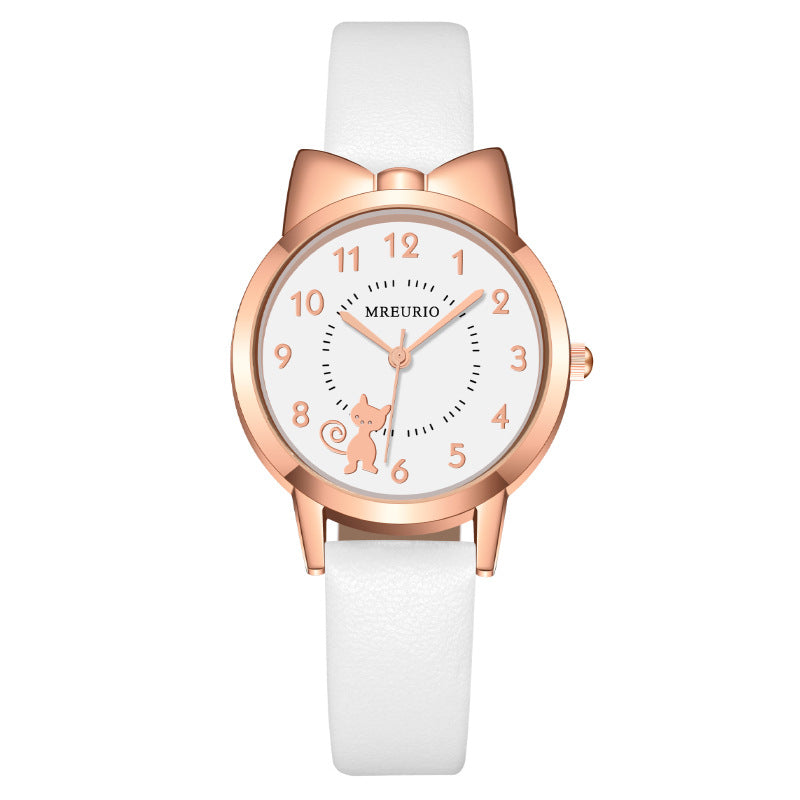 Reloj de cuarzo Kawaii Estilo caliente Cinturón de gatito con lazo lindo