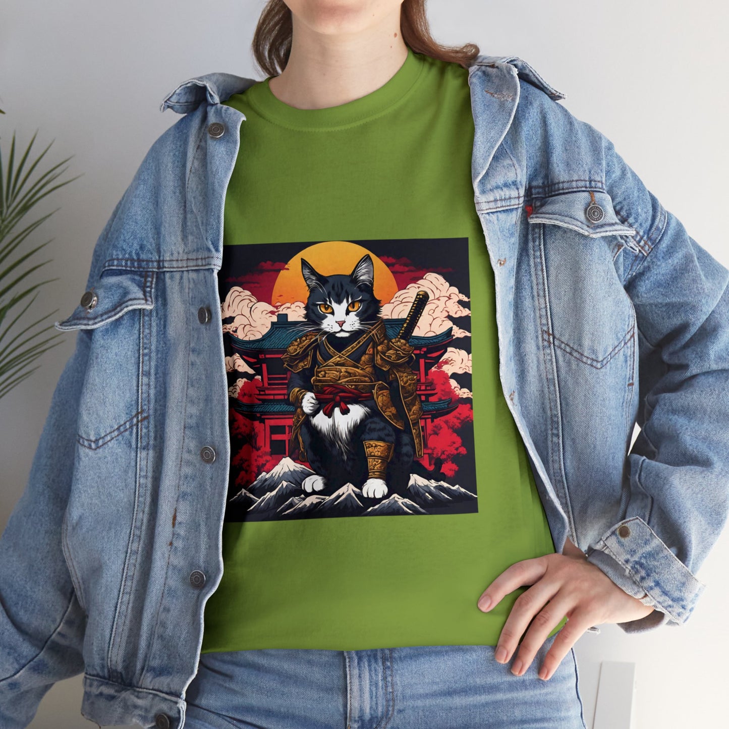 Samurai Cat Cartoon Anime Unisex Heavy Cotton Graphic Tee Kawaii Friends