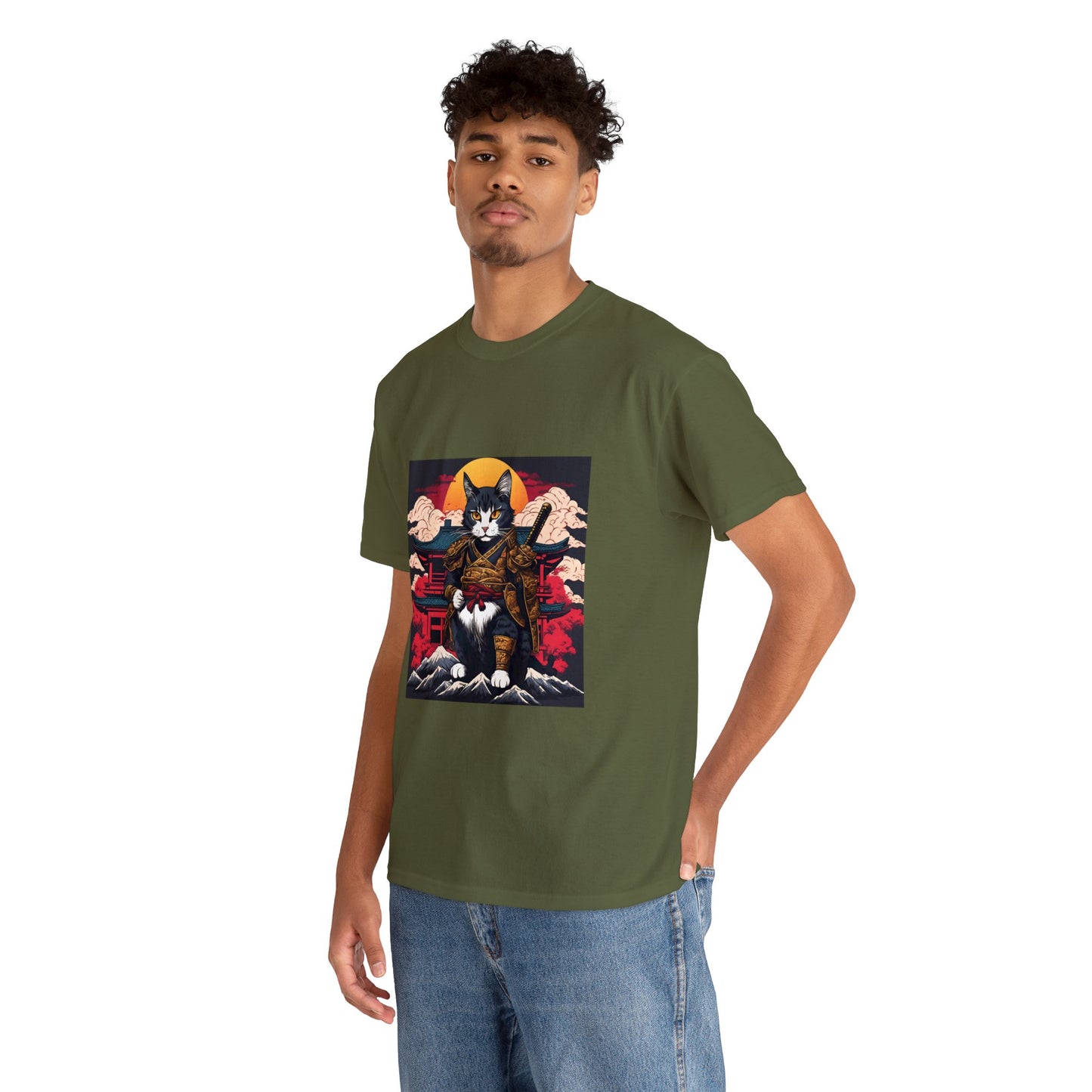 Samurai Cat Cartoon Anime Unisex Heavy Cotton Graphic Tee Kawaii Friends