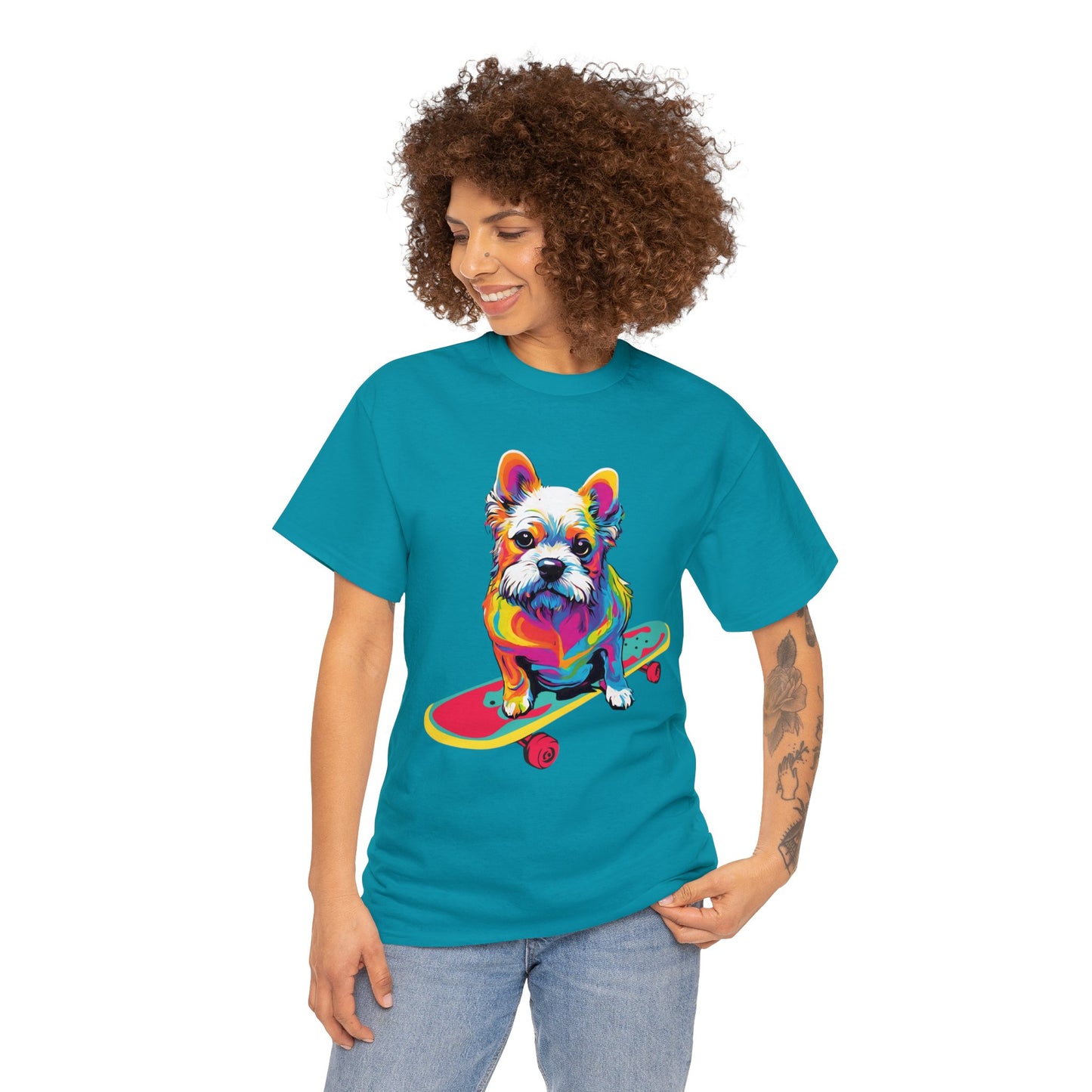Paws on Wheels Pop Art Skateboarding Dog Tee Unisex Heavy Cotton Graphic Tee Kawaii Friends