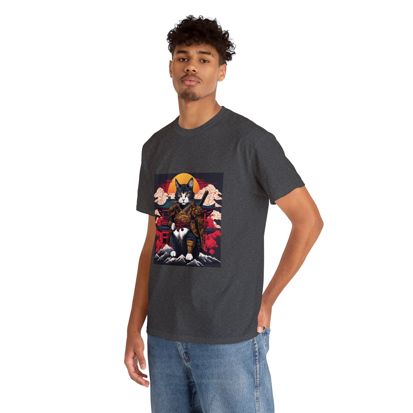 Samurai Cat Cartoon Anime Unisex Heavy Cotton Graphic Tee Kawaii Friends