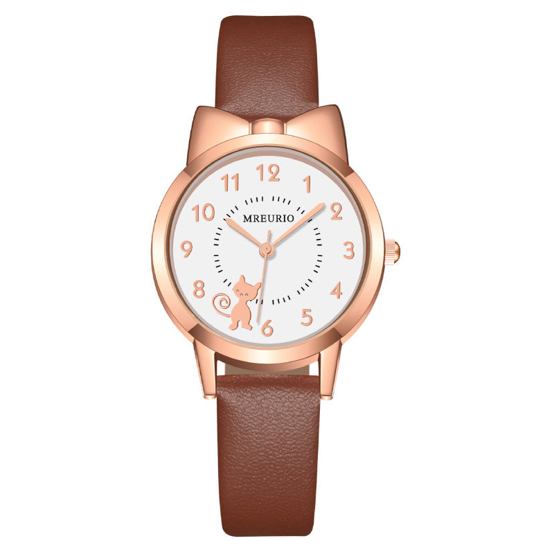 Reloj de cuarzo Kawaii Estilo caliente Cinturón de gatito con lazo lindo