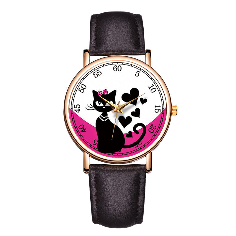 Reloj de cuarzo juguetón Kawaii Cat, reloj de polvo de concha de oro rosa casual bonito a la moda