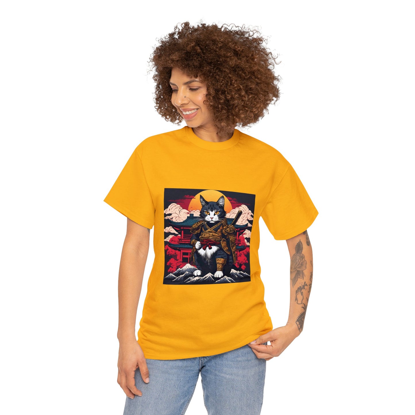 Samurai Cat Cartoon Anime Unisex Heavy Cotton Graphic Tee Kawaii Friends