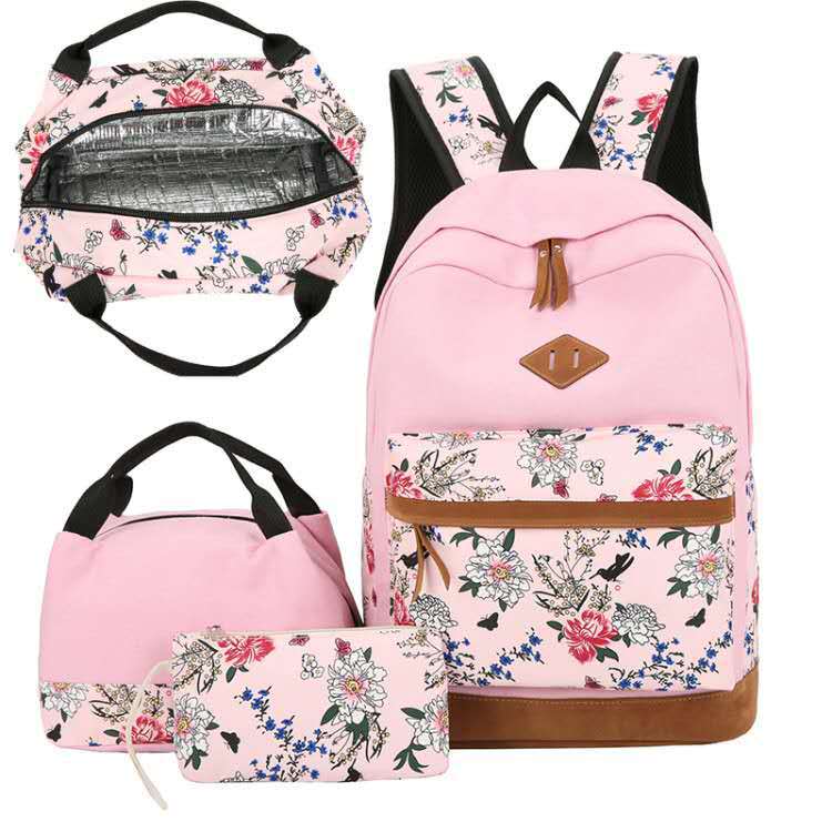 Sac à dos de style japonais Kawaii avec ensemble d'épaules florales Sac à dos mignon, sac à lunch et sac à stylos