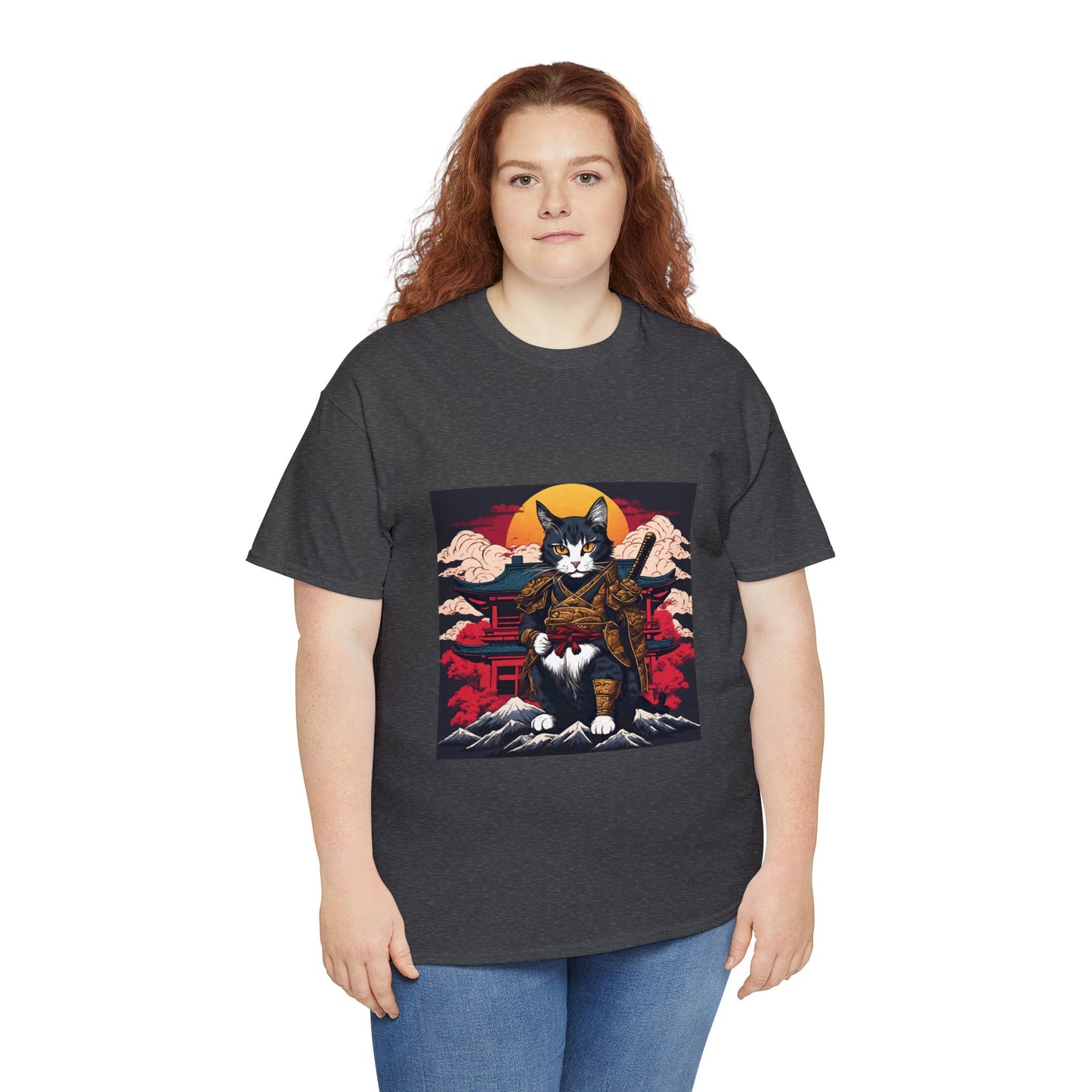 Samurai Cat Cartoon Anime Unisex Heavy Cotton Graphic Tee Kawaii Friends