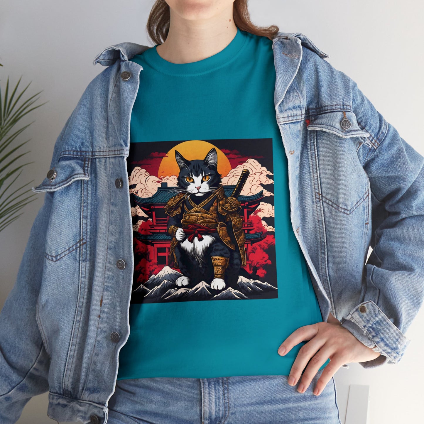 Samurai Cat Cartoon Anime Unisex Heavy Cotton Graphic Tee Kawaii Friends