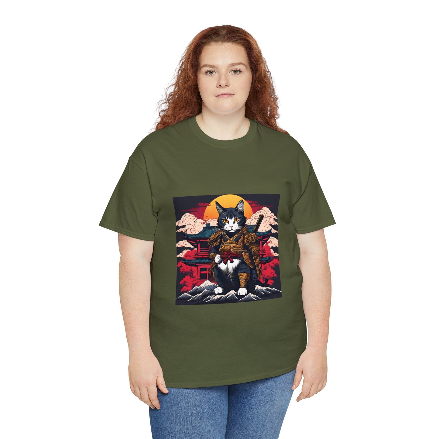 Samurai Cat Cartoon Anime Unisex Heavy Cotton Graphic Tee Kawaii Friends