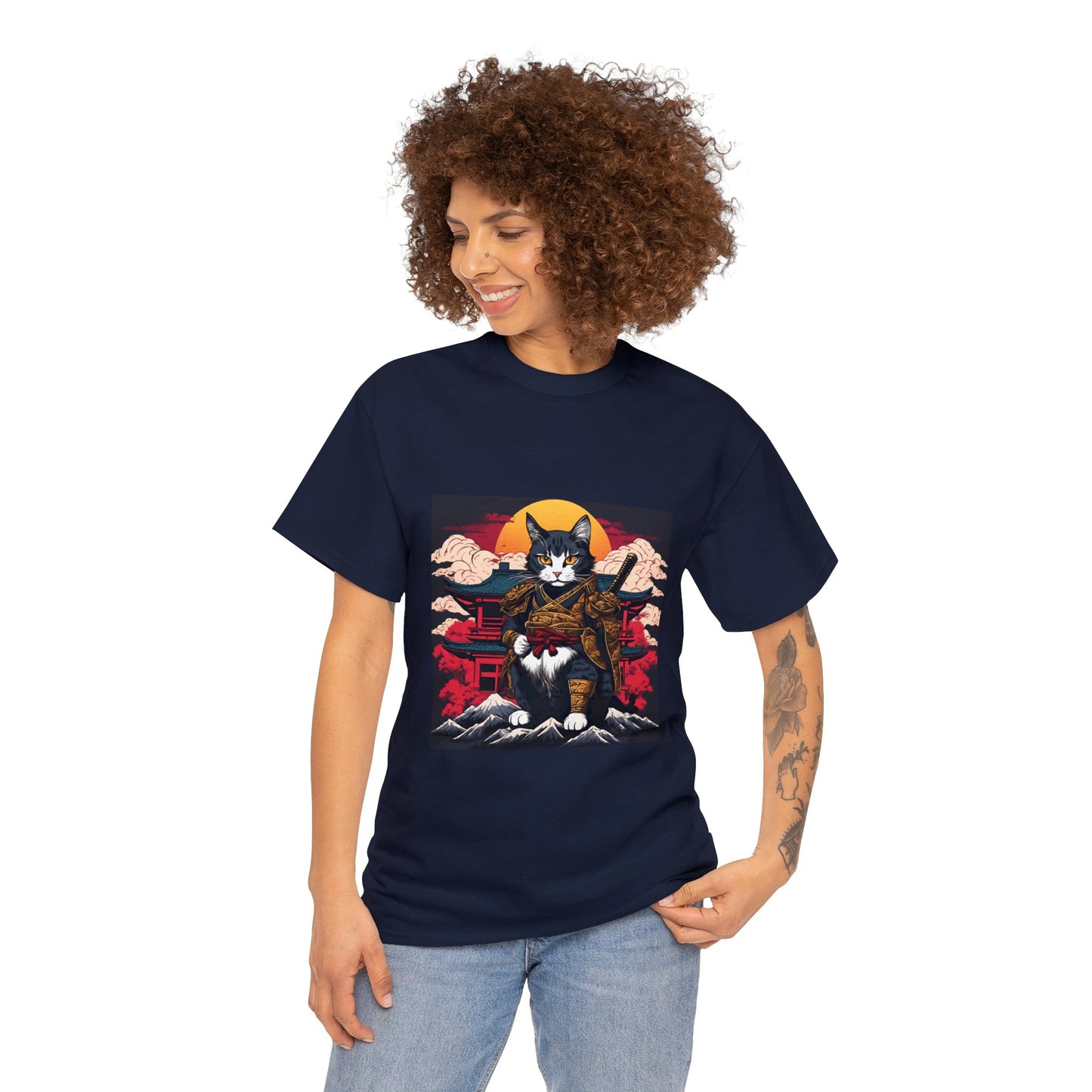 Samurai Cat Cartoon Anime Unisex Heavy Cotton Graphic Tee Kawaii Friends