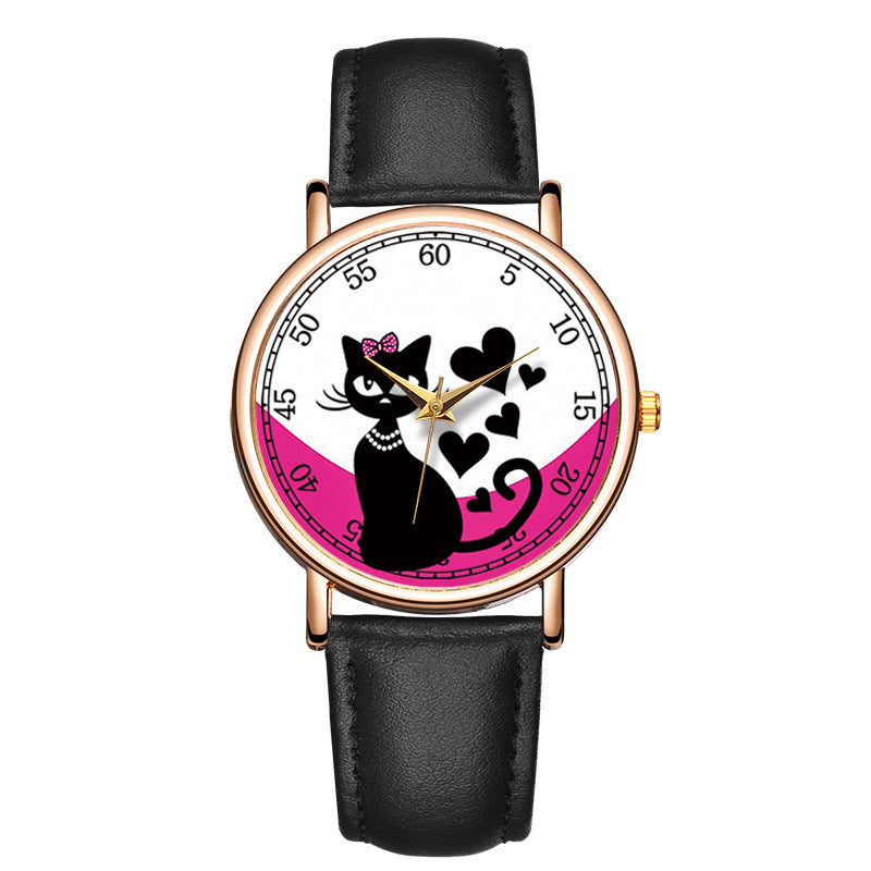 Reloj de cuarzo juguetón Kawaii Cat, reloj de polvo de concha de oro rosa casual bonito a la moda