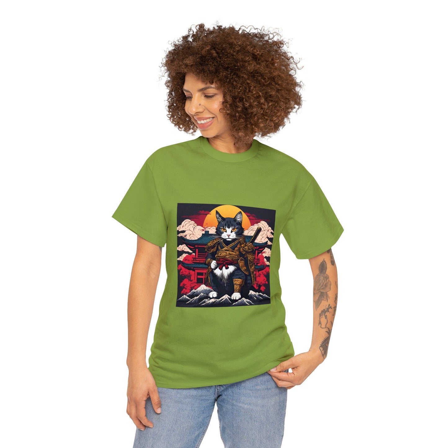 Samurai Cat Cartoon Anime Unisex Heavy Cotton Graphic Tee Kawaii Friends