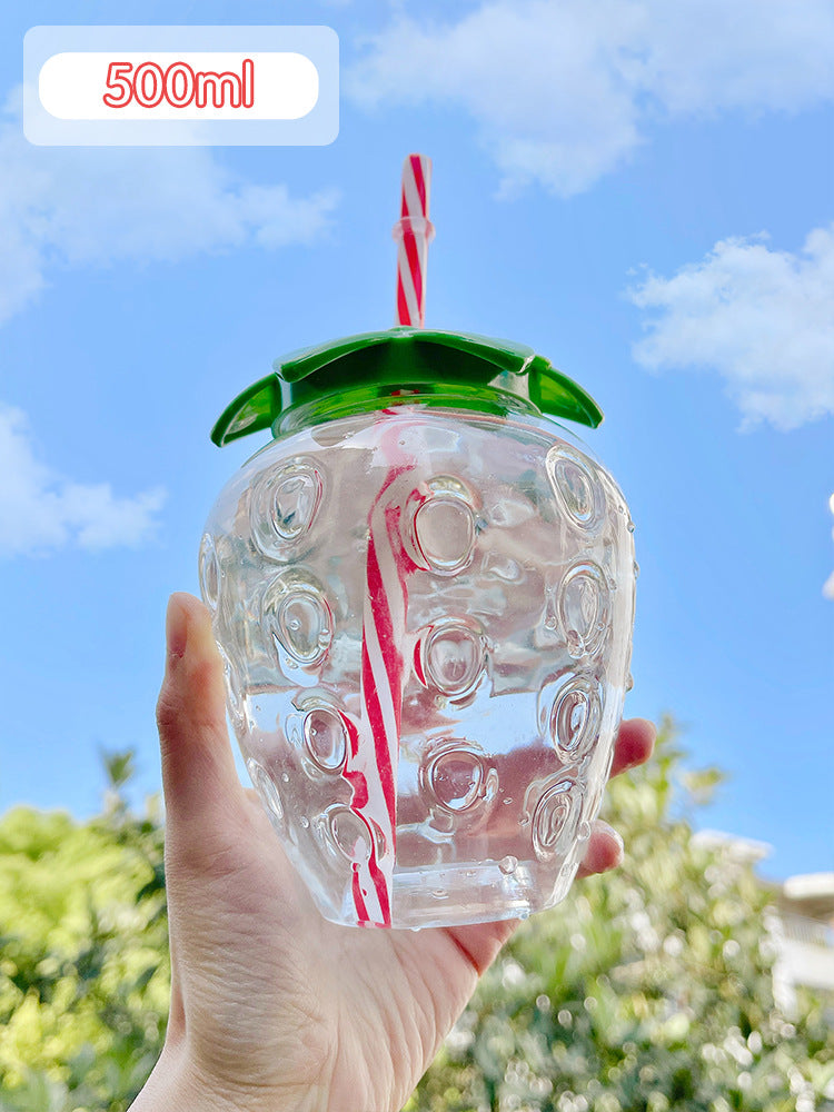 Botella de agua de fresa Kawaii, botella de agua de paja de fresa bonita de 500ml, taza de paja de café con leche PP, utensilios para beber de cocina