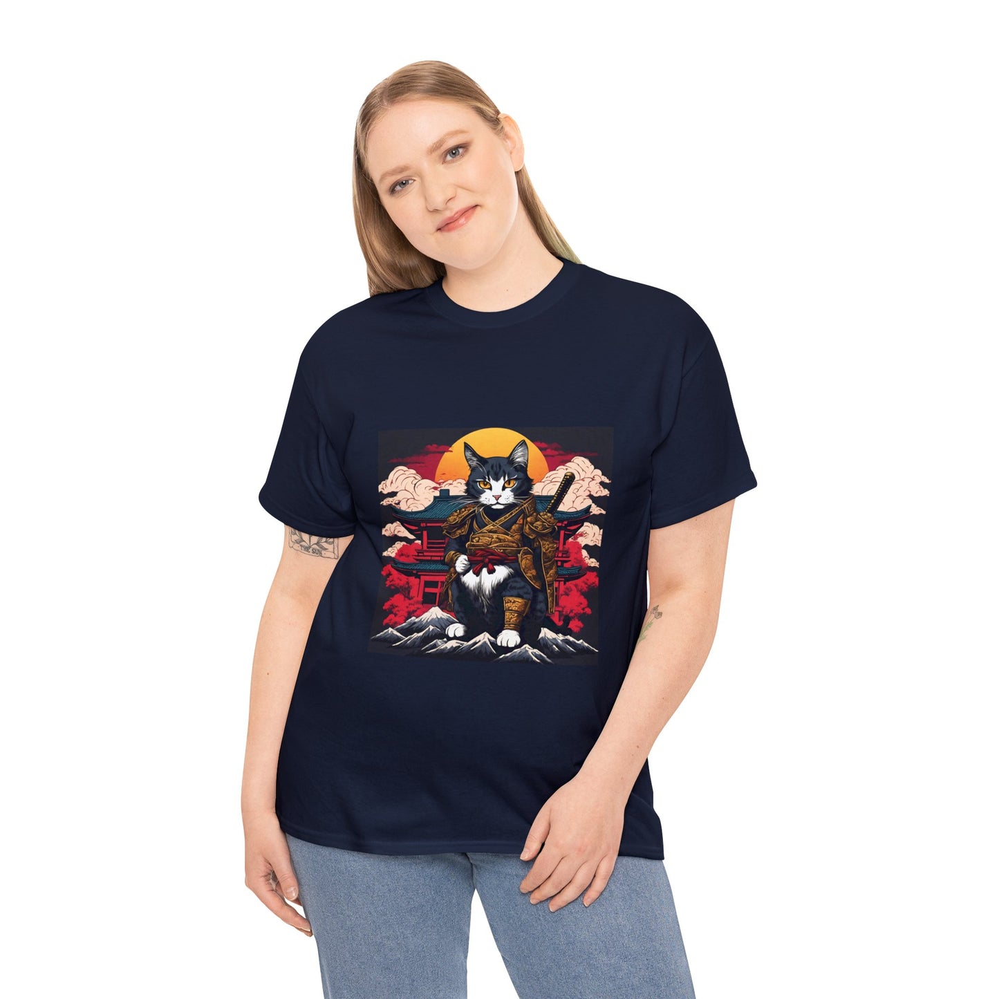 Samurai Cat Cartoon Anime Unisex Heavy Cotton Graphic Tee Kawaii Friends