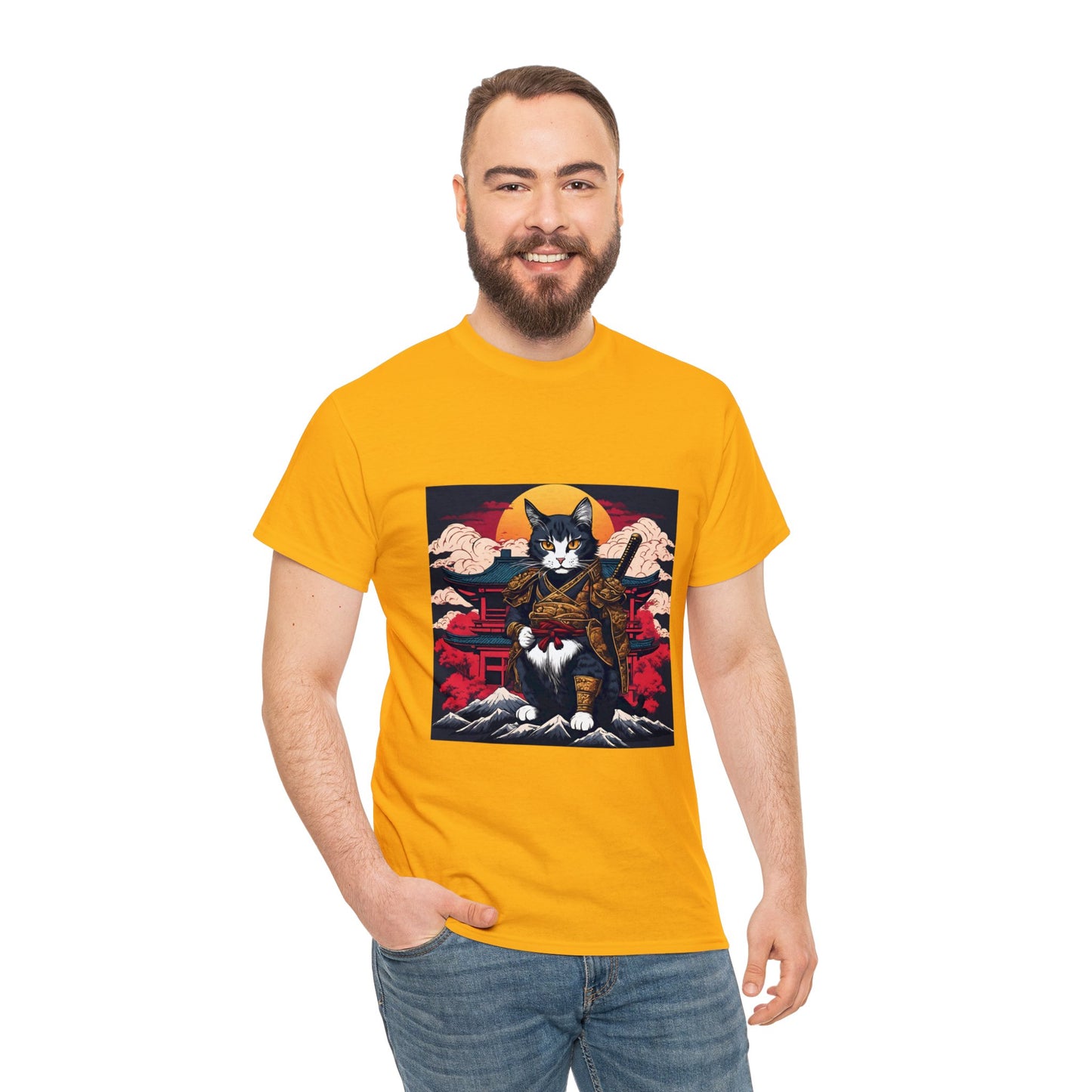 Samurai Cat Cartoon Anime Unisex Heavy Cotton Graphic Tee Kawaii Friends