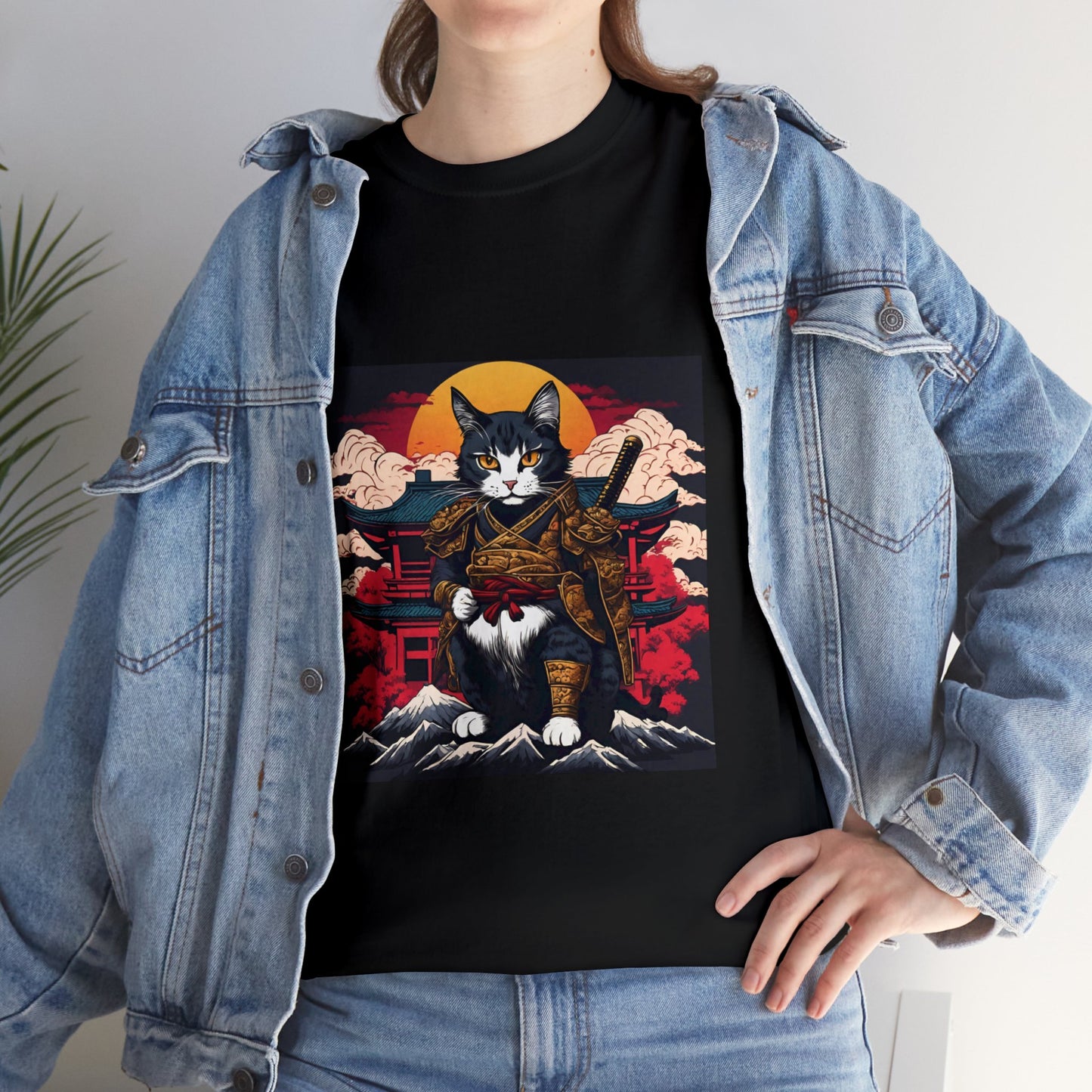 Samurai Cat Cartoon Anime Unisex Heavy Cotton Graphic Tee Kawaii Friends