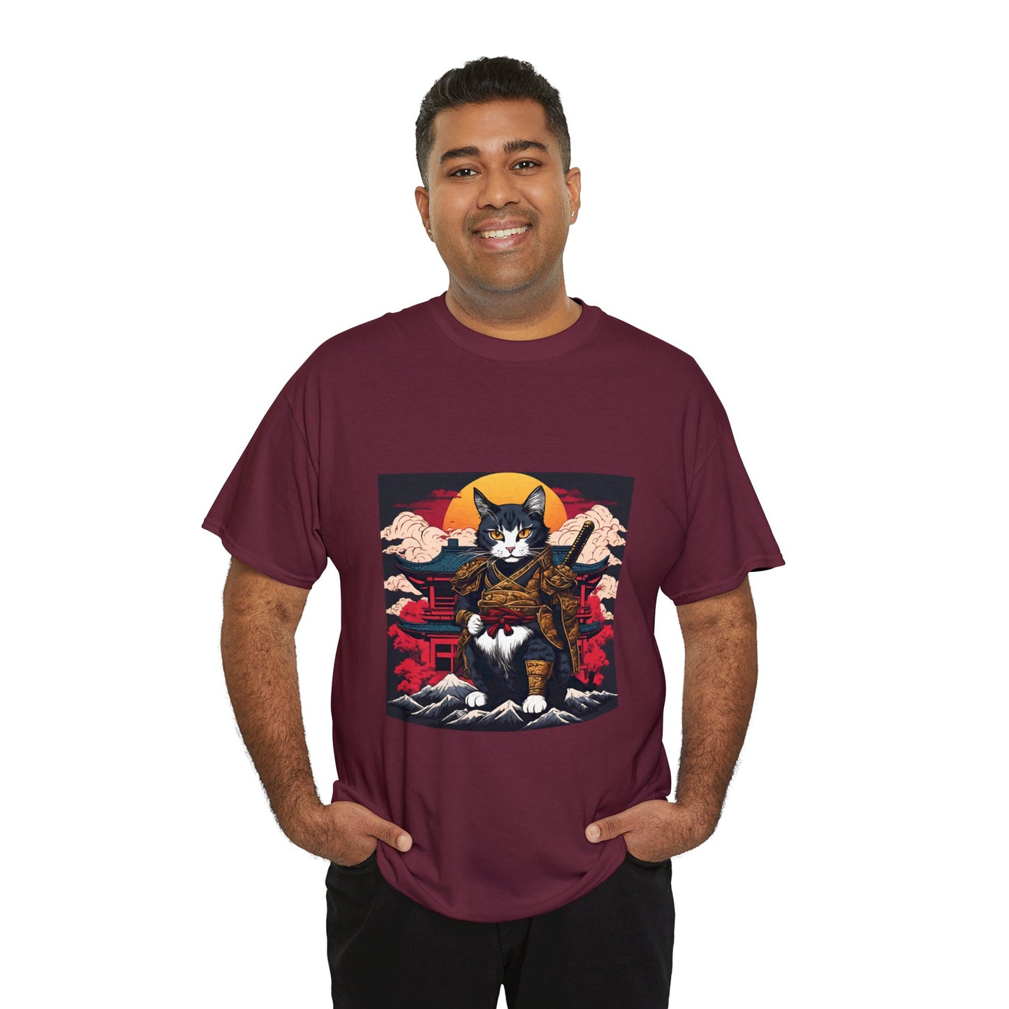 Samurai Cat Cartoon Anime Unisex Heavy Cotton Graphic Tee Kawaii Friends