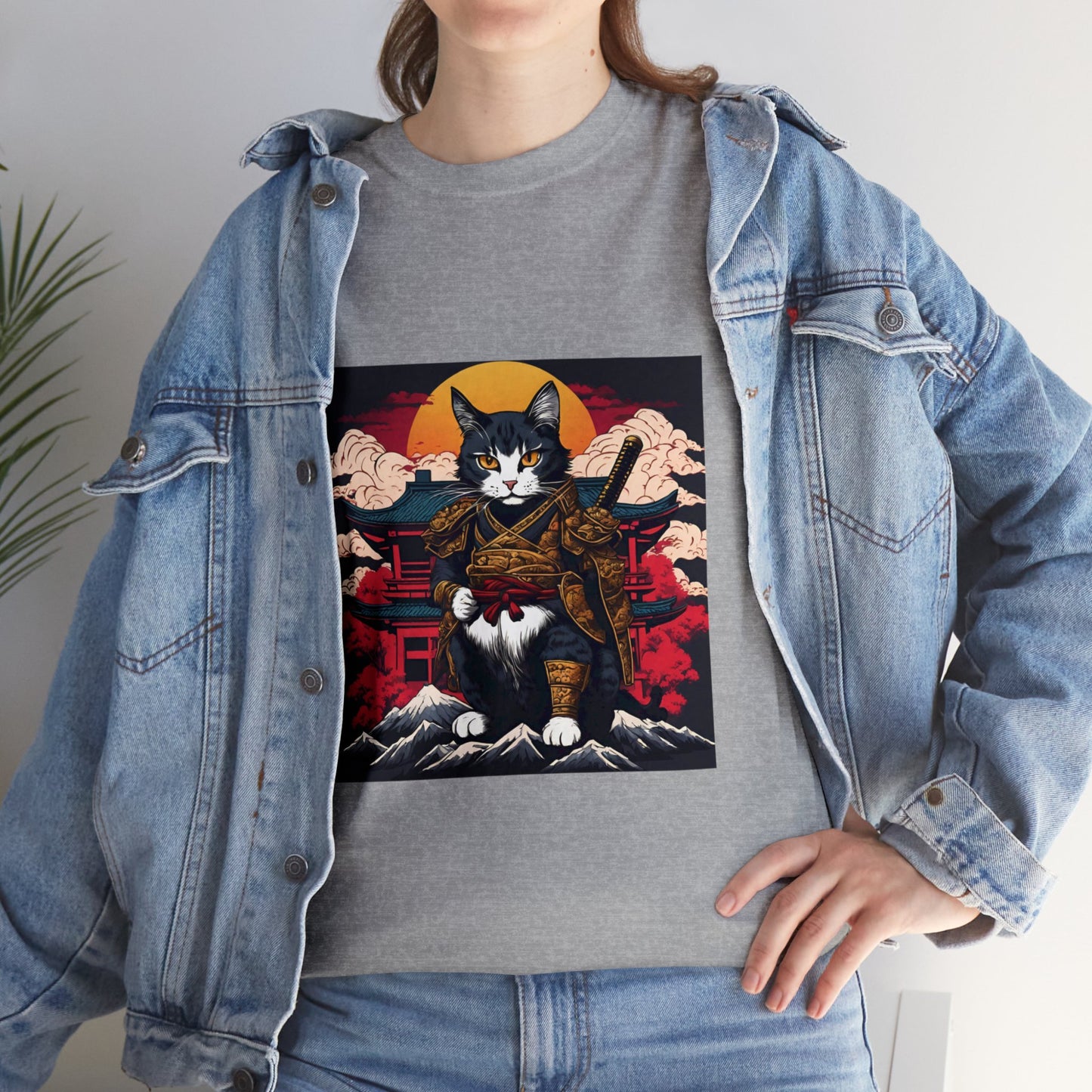 Samurai Cat Cartoon Anime Unisex Heavy Cotton Graphic Tee Kawaii Friends