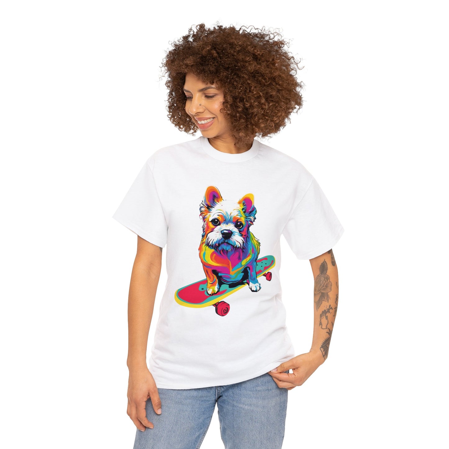 Paws on Wheels Pop Art Skateboarding Dog Tee Unisex Heavy Cotton Graphic Tee Kawaii Friends