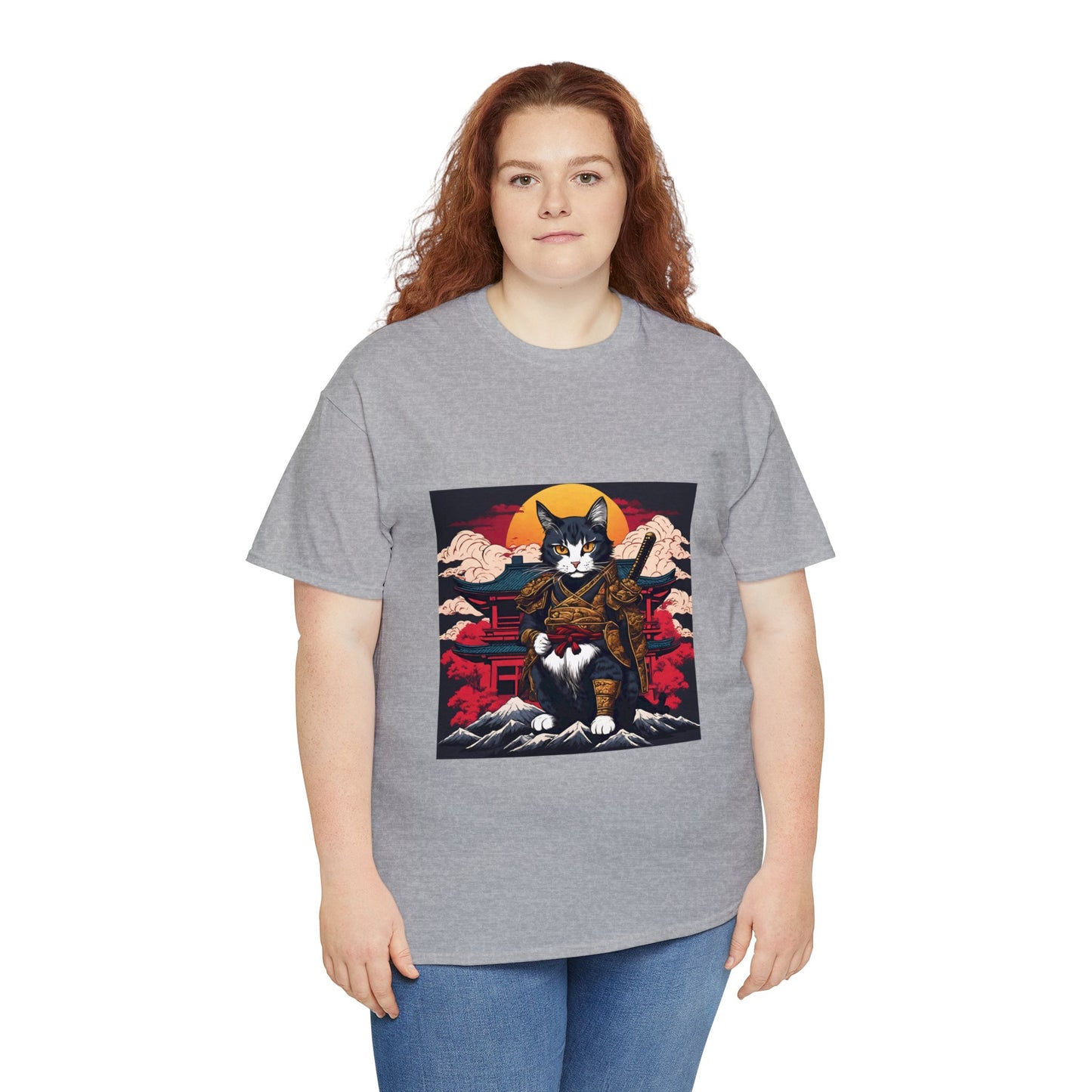 Samurai Cat Cartoon Anime Unisex Heavy Cotton Graphic Tee Kawaii Friends