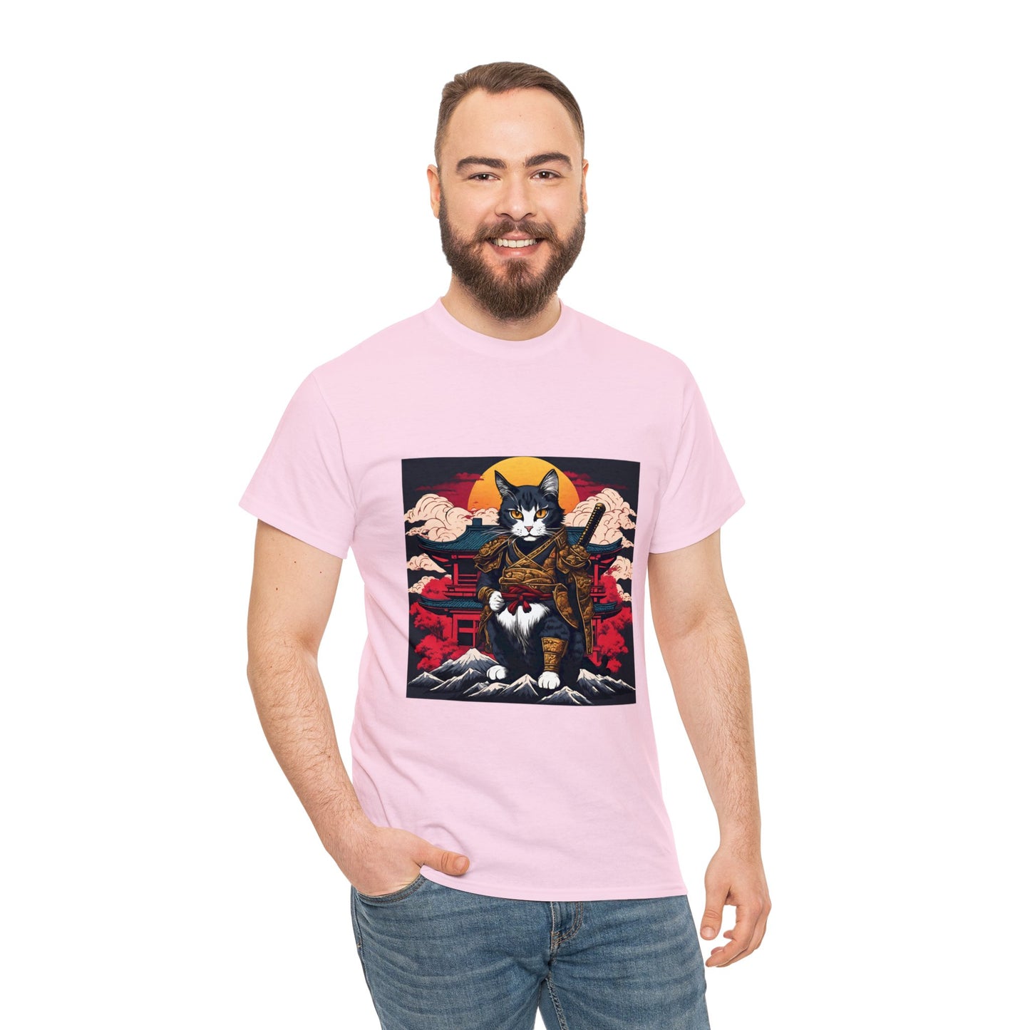 Samurai Cat Cartoon Anime Unisex Heavy Cotton Graphic Tee Kawaii Friends