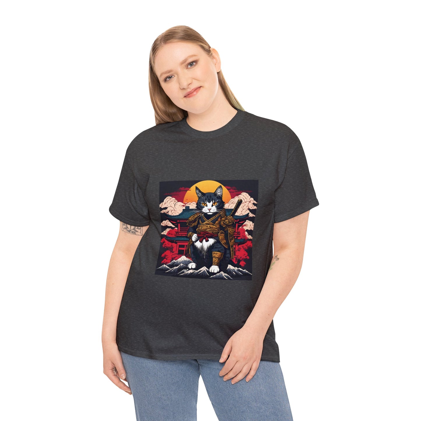 Samurai Cat Cartoon Anime Unisex Heavy Cotton Graphic Tee Kawaii Friends