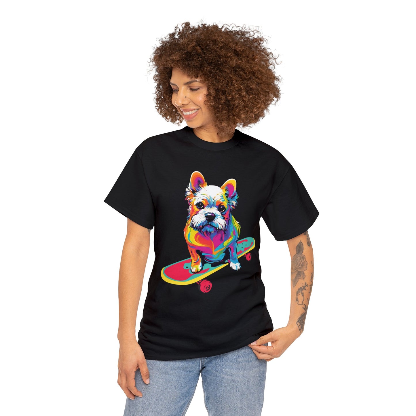 Paws on Wheels Pop Art Skateboarding Dog Tee Unisex Heavy Cotton Graphic Tee Kawaii Friends
