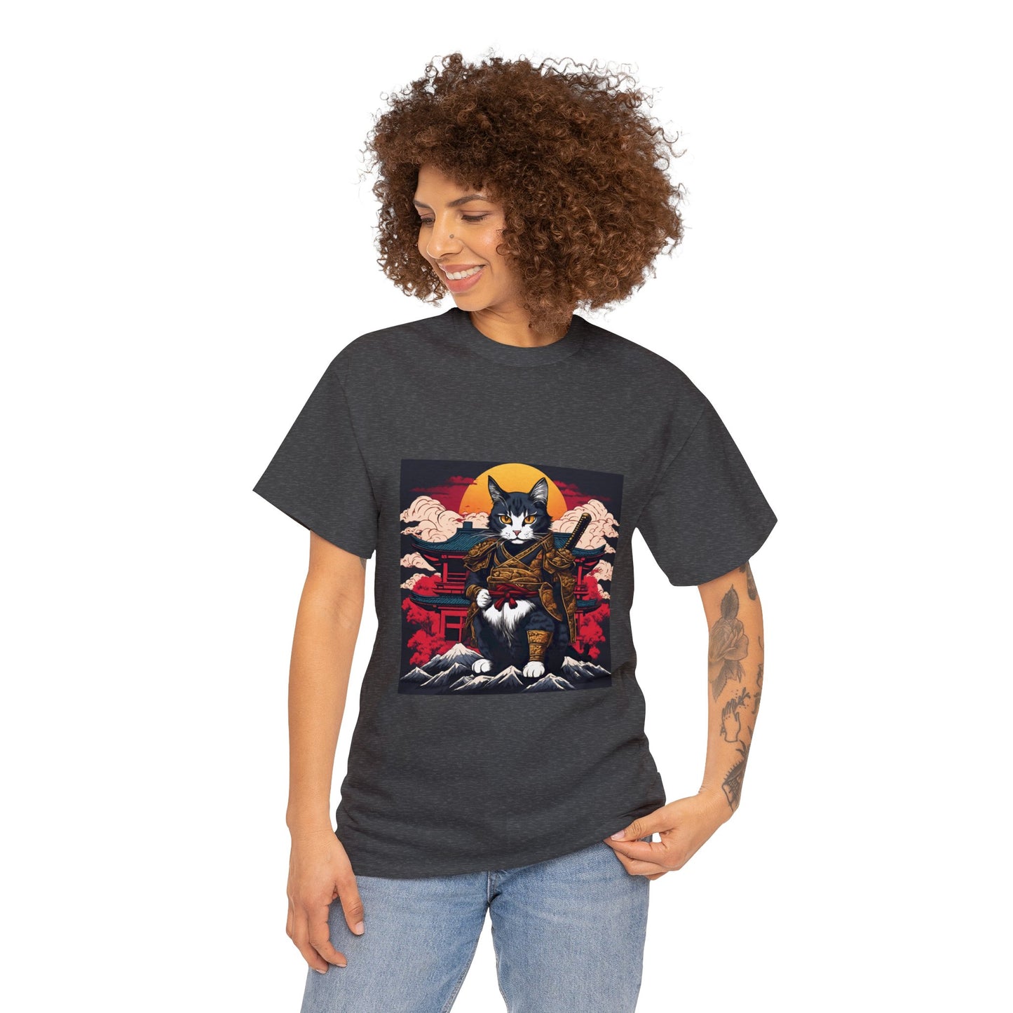 Samurai Cat Cartoon Anime Unisex Heavy Cotton Graphic Tee Kawaii Friends