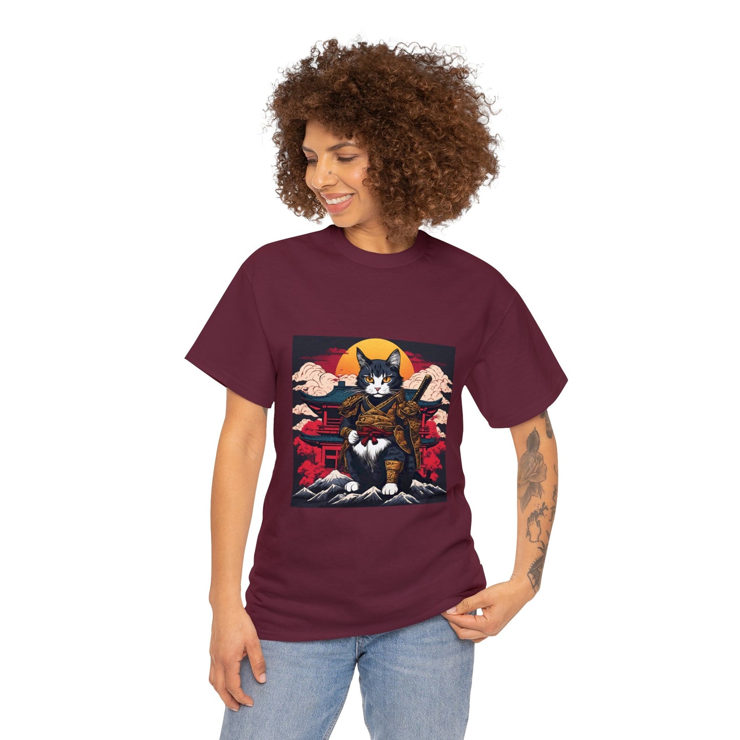 Samurai Cat Cartoon Anime Unisex Heavy Cotton Graphic Tee Kawaii Friends