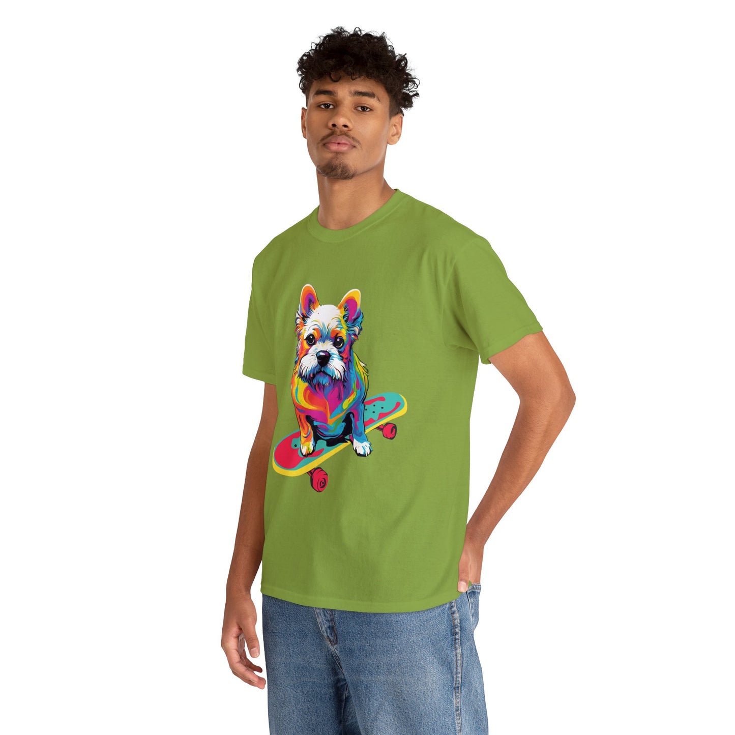 Paws on Wheels Pop Art Skateboarding Dog Tee Unisex Heavy Cotton Graphic Tee Kawaii Friends