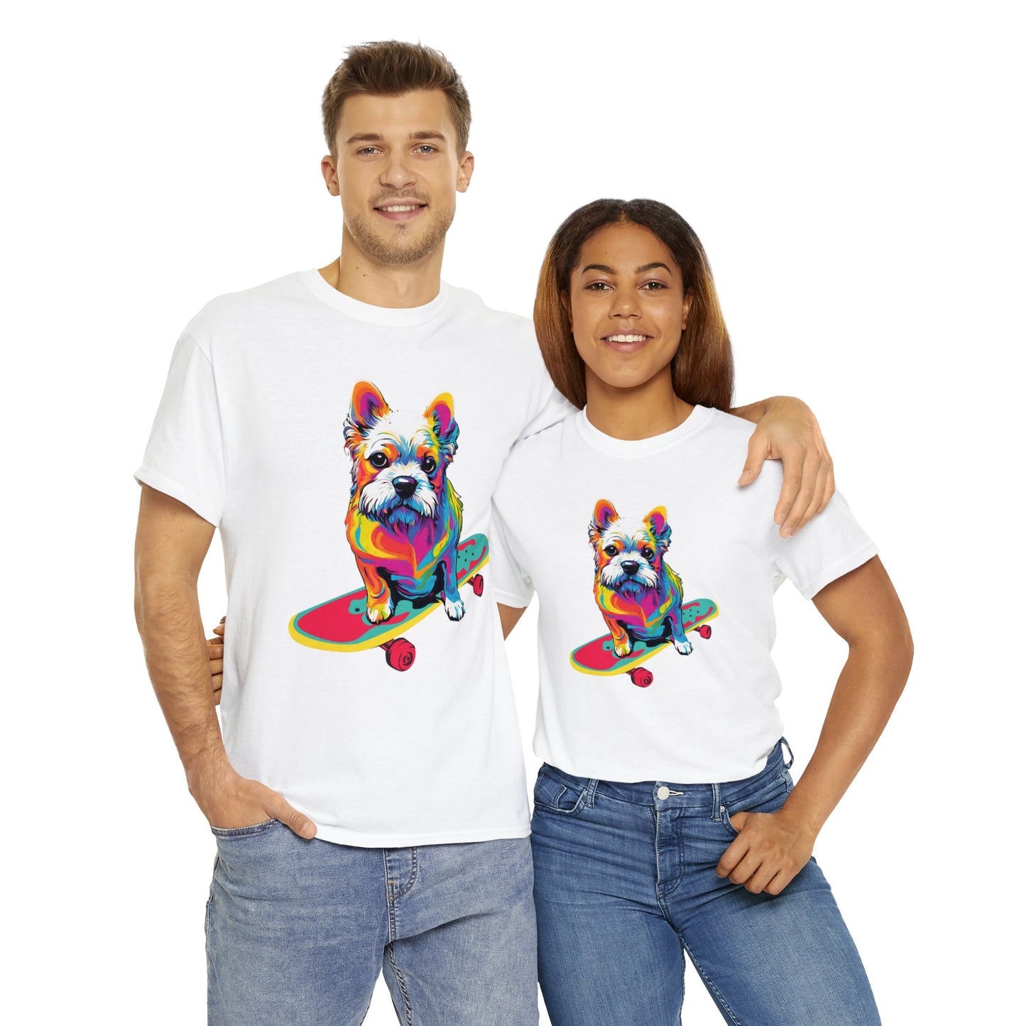 Paws on Wheels Pop Art Skateboarding Dog Tee Unisex Heavy Cotton Graphic Tee Kawaii Friends