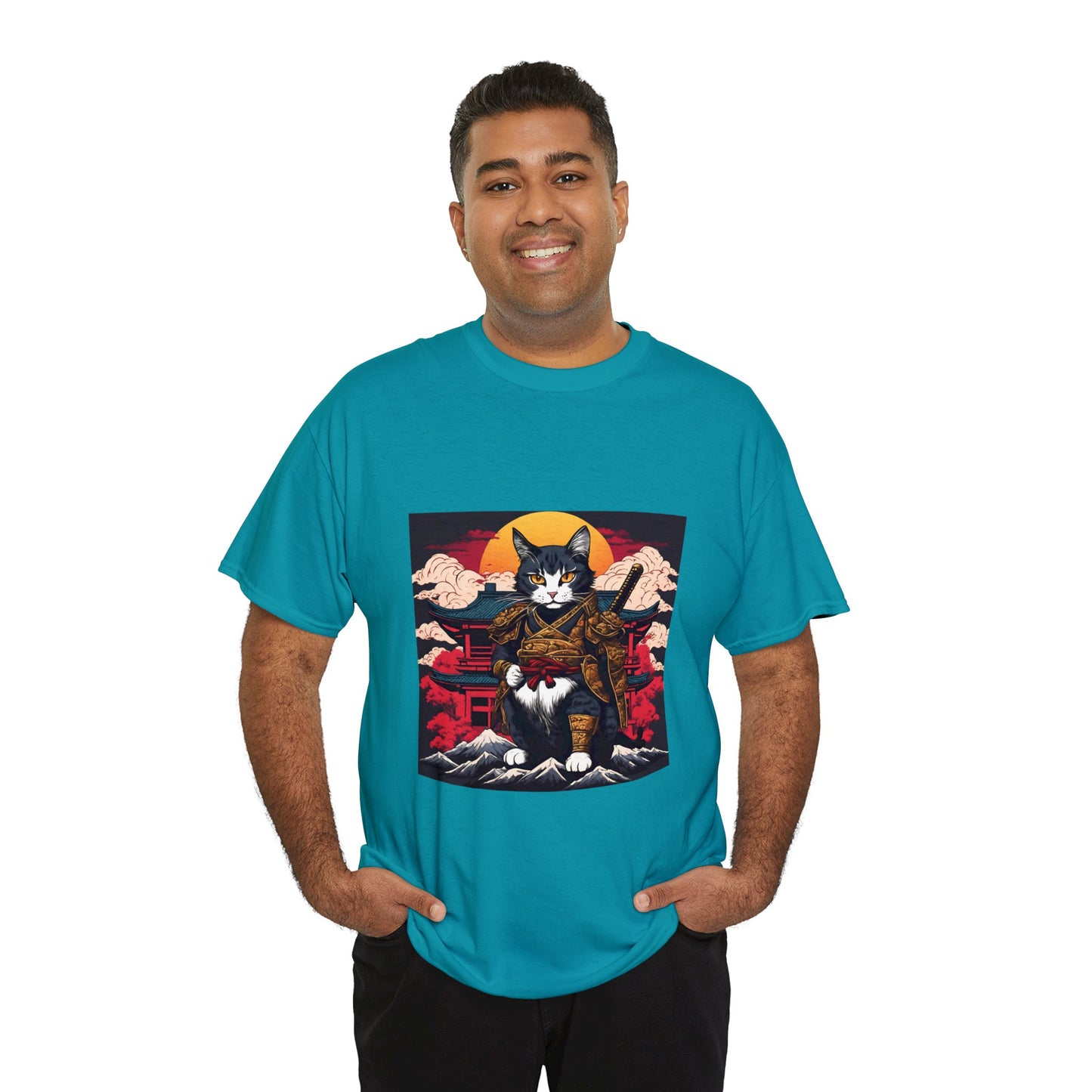 Samurai Cat Cartoon Anime Unisex Heavy Cotton Graphic Tee Kawaii Friends