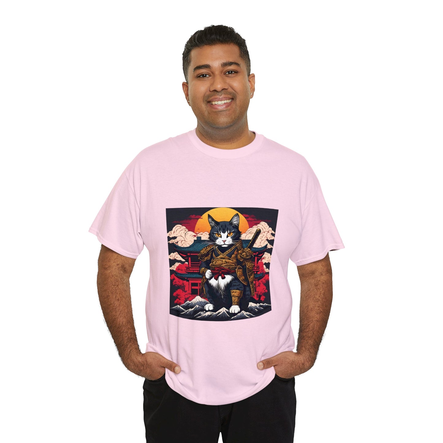 Samurai Cat Cartoon Anime Unisex Heavy Cotton Graphic Tee Kawaii Friends