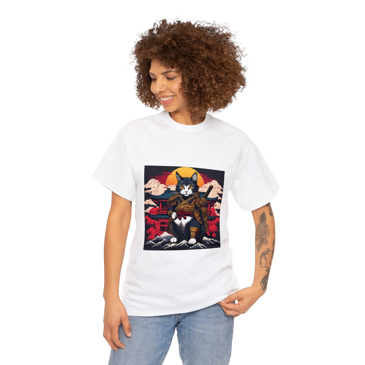 Samurai Cat Cartoon Anime Unisex Heavy Cotton Graphic Tee Kawaii Friends