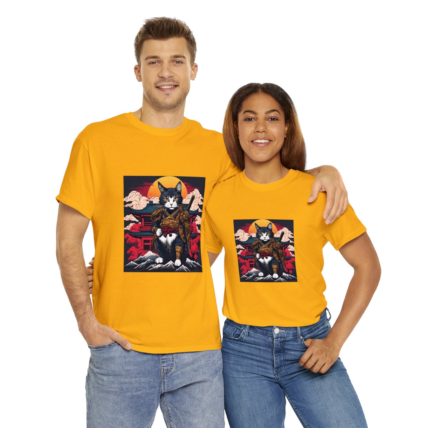 Samurai Cat Cartoon Anime Unisex Heavy Cotton Graphic Tee Kawaii Friends