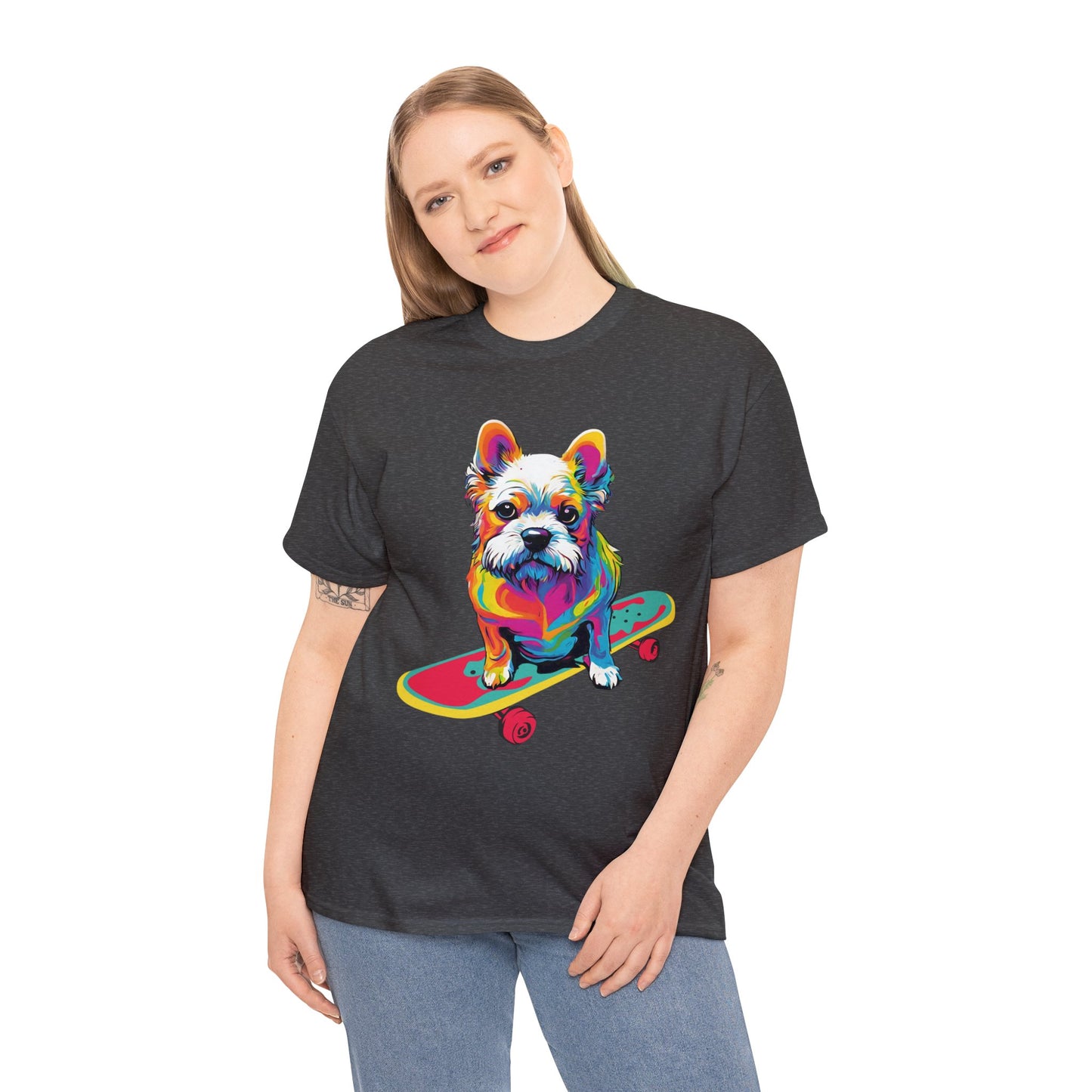 Paws on Wheels Pop Art Skateboarding Dog Tee Unisex Heavy Cotton Graphic Tee Kawaii Friends