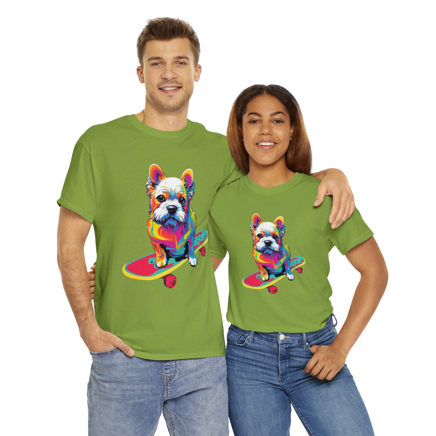 Paws on Wheels Pop Art Skateboarding Dog Tee Unisex Heavy Cotton Graphic Tee Kawaii Friends