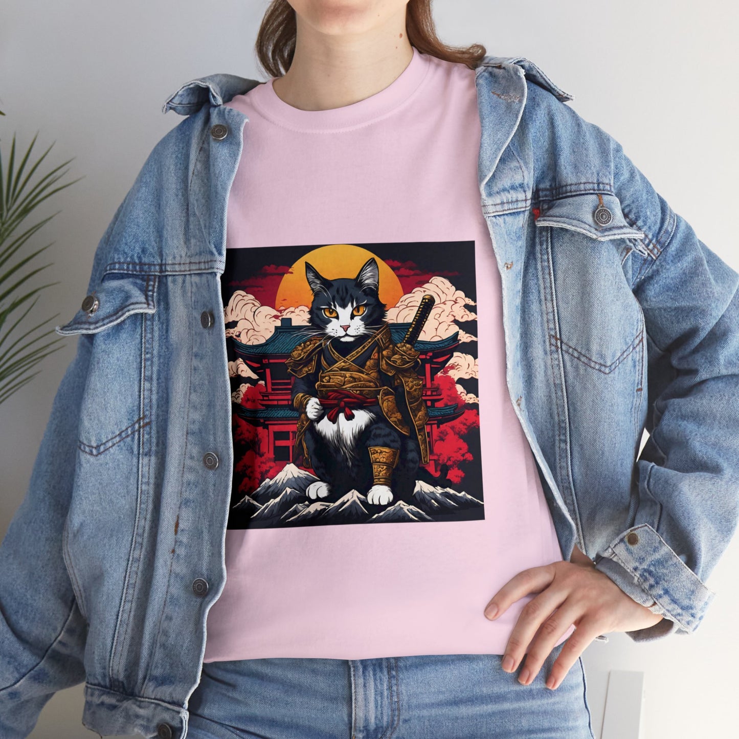 Samurai Cat Cartoon Anime Unisex Heavy Cotton Graphic Tee Kawaii Friends