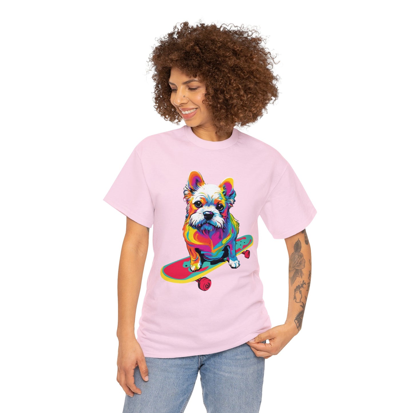 Paws on Wheels Pop Art Skateboarding Dog Tee Unisex Heavy Cotton Graphic Tee Kawaii Friends