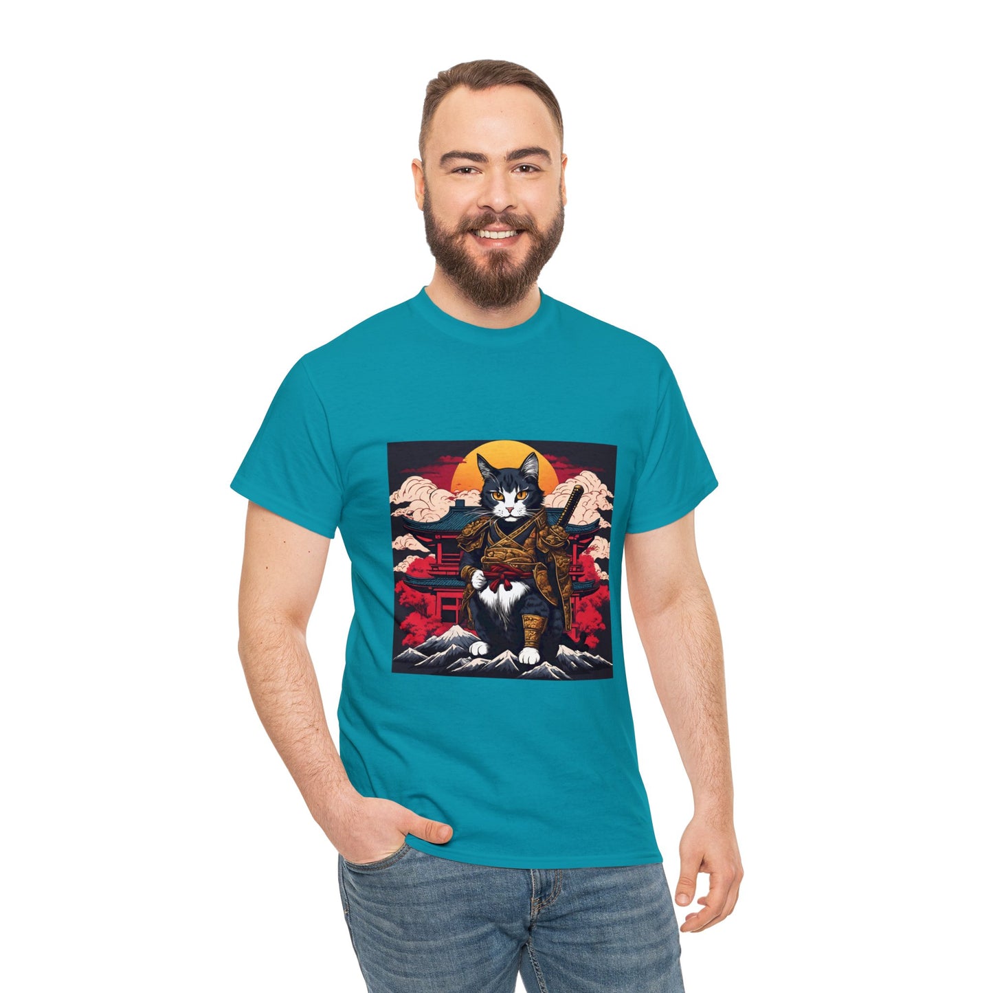 Samurai Cat Cartoon Anime Unisex Heavy Cotton Graphic Tee Kawaii Friends