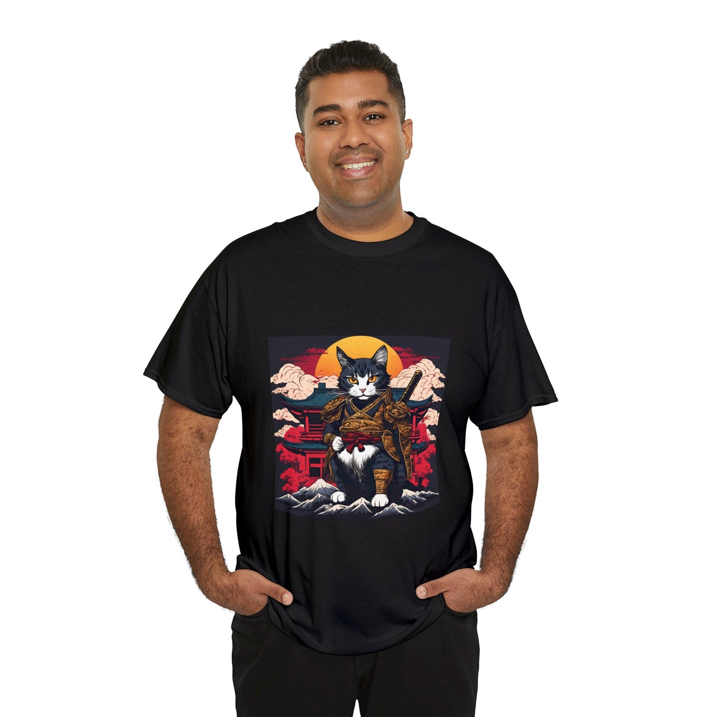 Samurai Cat Cartoon Anime Unisex Heavy Cotton Graphic Tee Kawaii Friends