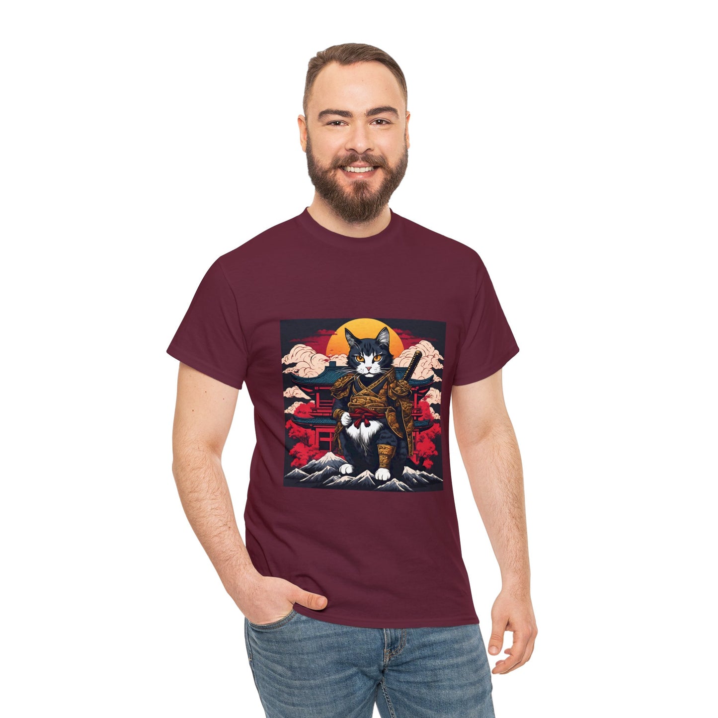 Samurai Cat Cartoon Anime Unisex Heavy Cotton Graphic Tee Kawaii Friends