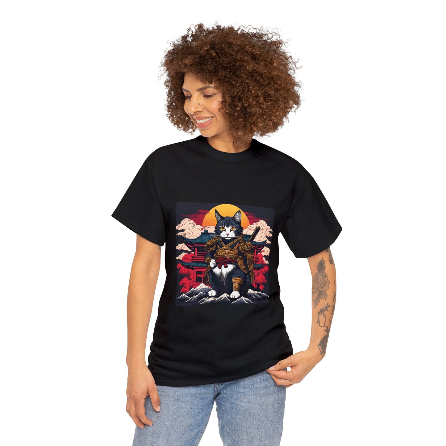 Samurai Cat Cartoon Anime Unisex Heavy Cotton Graphic Tee Kawaii Friends