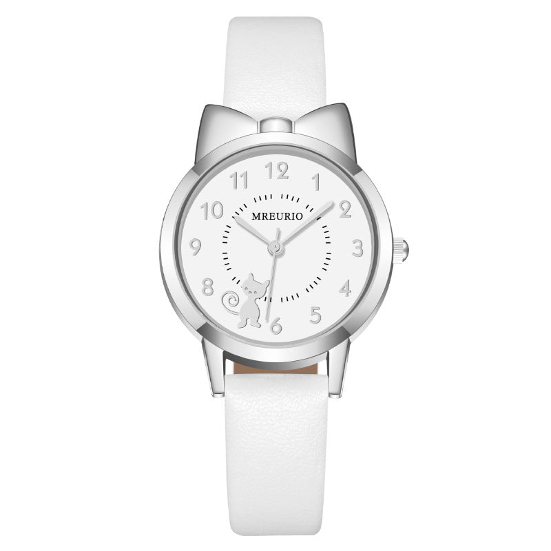 Reloj de cuarzo Kawaii Estilo caliente Cinturón de gatito con lazo lindo
